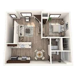 A floor plan of a small apartment with a kitchen, living room, and bathroom.