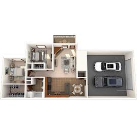 A floor plan of a house with a kitchen, living room, and two bedrooms.