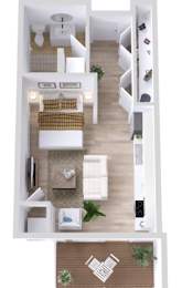 A top-down view of a small apartment with a living room, kitchen, and bedroom.