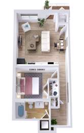 A top-down view of a small apartment with a kitchen, living room, and bedroom.