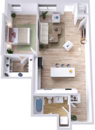A top-down view of a modern apartment with a living room, kitchen, and bedroom.