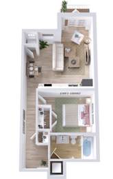 A top-down view of a small apartment with a kitchen, living room, and bathroom.