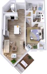 A top down view of a small apartment with a kitchen, living room and bedroom.