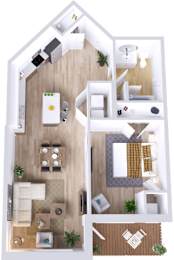 A top-down view of a house layout with a kitchen, living room, and bedrooms.
