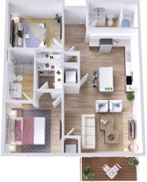 A top-down view of a modern apartment layout with a living room, kitchen, and bedrooms.