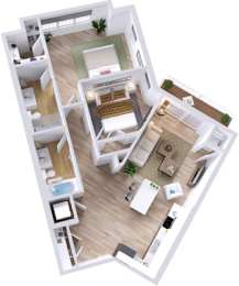 A 3D floor plan of a house with a living room, kitchen, and two bedrooms.