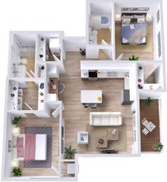 A top-down view of a small apartment with a kitchen, living room, and bedroom.