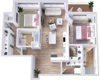 A top-down view of a modern apartment layout with two bedrooms, a living room, a kitchen, and a bathroom.