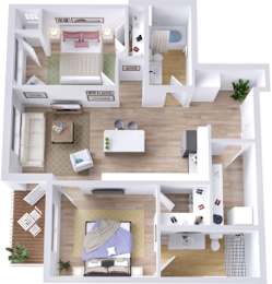 A top-down view of a modern apartment layout with a living room, kitchen, and bedroom.