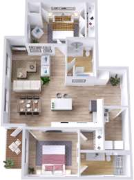A 3D floor plan of a house with two bedrooms, a living room, a kitchen, and a bathroom.