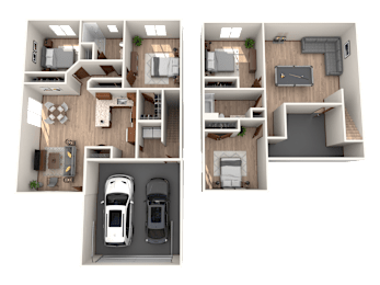 Two floor plan images of a house with a car parked in the garage.