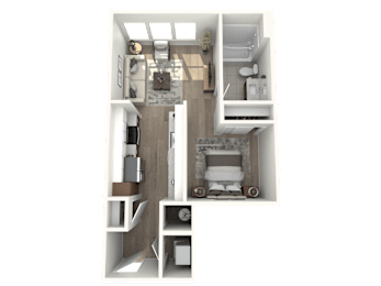 A 3D floor plan of a small apartment with a kitchen, living room, and bathroom.