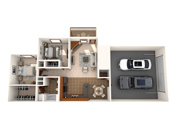 A top-down view of a house layout with a garage, living room, kitchen, and bedrooms.