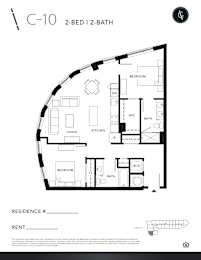 Floor Plan  A black and white image of a 2-bedroom, 2-bathroom apartment layout.