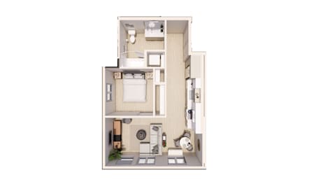A floor plan of a small apartment with a kitchen, living room, and bathroom.