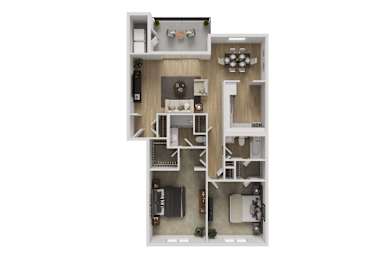 A floor plan of a small apartment with a kitchen, living room, and two bedrooms.