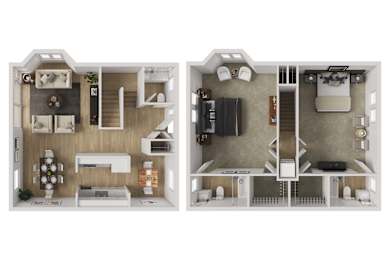 A floor plan of a two-bedroom apartment with a kitchen and living room.