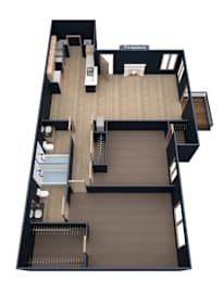 A black and white floor plan of a house with a fireplace.