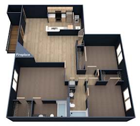 A 3D floor plan of a house with a fireplace.