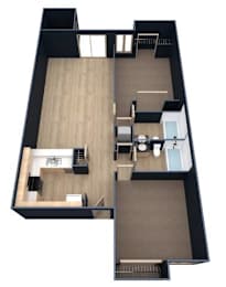 A top down view of a house with a kitchen, living room, and bedrooms.