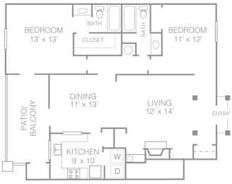 A floor plan of a home with two bedrooms, a living area, a dining area, a kitchen, and a patio.