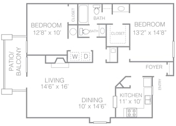 A floor plan of a house with two bedrooms, a living room, a dining room, a kitchen, a patio, and a foyer.