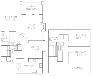 A floor plan of a house with a kitchen, two bedrooms, a living room, a dining room, a patio/balcony, and storage.