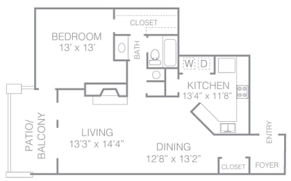 A floor plan of a small apartment with a bedroom, living room, kitchen, and dining room.