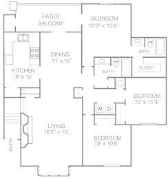 A floor plan of a home with a living area, kitchen, dining area, and three bedrooms.