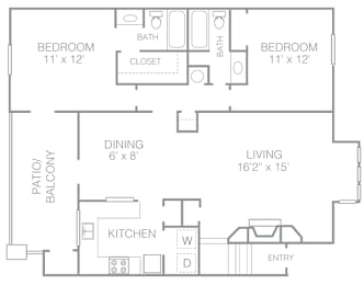 A floor plan of a house with two bedrooms, a living room, a dining room, a kitchen, a patio, and a balcony.