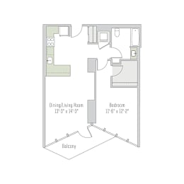 A floor plan of a room with a dining/living area, a bedroom, and a balcony.