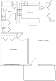 A floor plan of a small apartment with a kitchen, living/dining area, and bedroom.