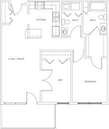 A floor plan of a house with a kitchen, living room, dining room, den, and two bathrooms.