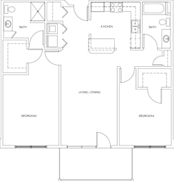 A floor plan of a house with a kitchen, living room, and two bedrooms.