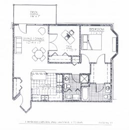 A floor plan of a one bedroom apartment with a den and a deck.