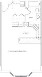 A floor plan of a house with a kitchen, bath, and living/dining/bedroom area.