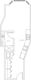 A floor plan of a small apartment with a kitchen and bathroom.
