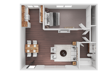 A top-down view of a small apartment with a kitchen, living room, and bathroom.