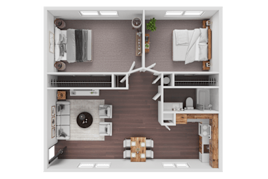 A top-down view of a modern kitchen and dining area.