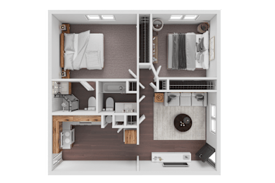 A top-down view of a small, neatly organized apartment with a kitchen, living room, and bathroom.