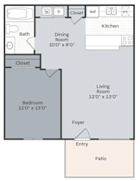 A floor plan of a house with a living room, dining room, kitchen, bedroom, and bathroom.