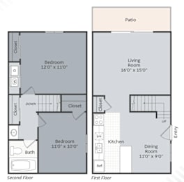 A floor plan of a two-story home with a patio.
