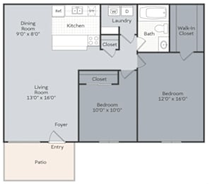 A floor plan of a house with a living room, dining room, kitchen, bedrooms, bathrooms, and a patio.