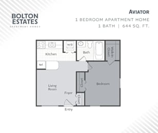 A floor plan for a 1 bedroom apartment at Bolton Estates.