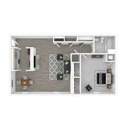 A top down view of a small apartment with a living room, kitchen, and bathroom.