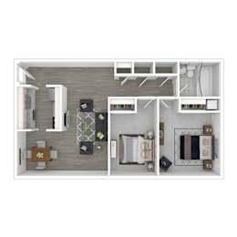 A floor plan of a small apartment with a living room, kitchen, and bathroom.