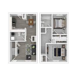 A floor plan of a two-story apartment with a living room, kitchen, and bathrooms.