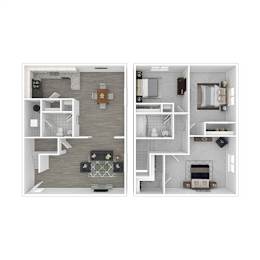 A floor plan of a two-story apartment with a living room, kitchen, and bedrooms.