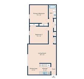 A floor plan of a small apartment with a living room, two bedrooms, a dining area, a kitchen, a bathroom, and an entry.