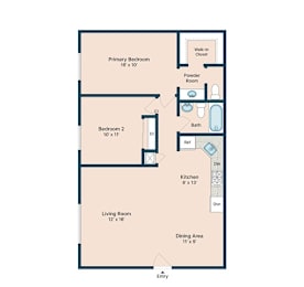 A floor plan of a small apartment with a living room, two bedrooms, a kitchen, and bathroom.